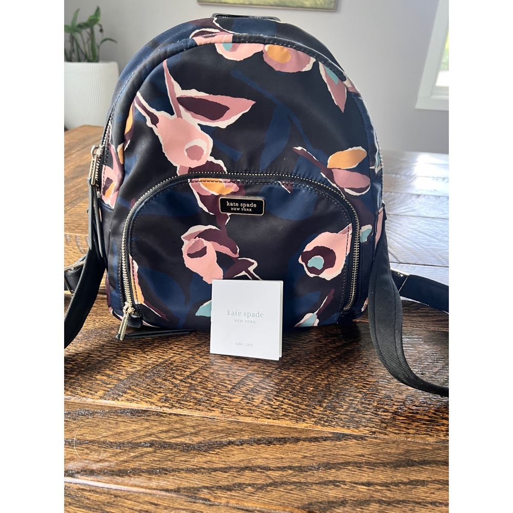 Kate Spade New York Dawn Paper Rose Floral Nylon Backpack Navy Pink Gold Tone